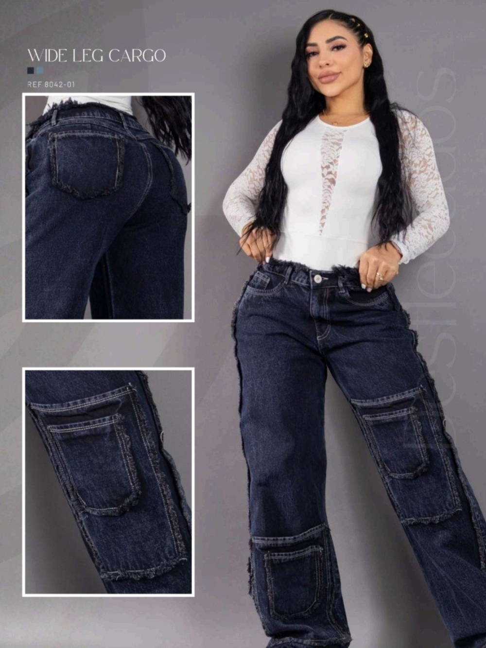 Wide Leg Cargo Jeans - Dark Blue, Jeans Colombiano